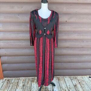 VTG 90s Olivia Rose Dress Maxi Red Black Floral Vest Waistcoat Whimsigoth Sz M/L